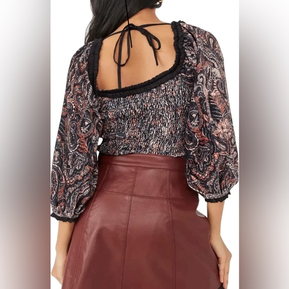 Free People Women’s Dare Me Tie-Back Velvet Blouse Black Combo Small NWOT - Picture 2 of 6